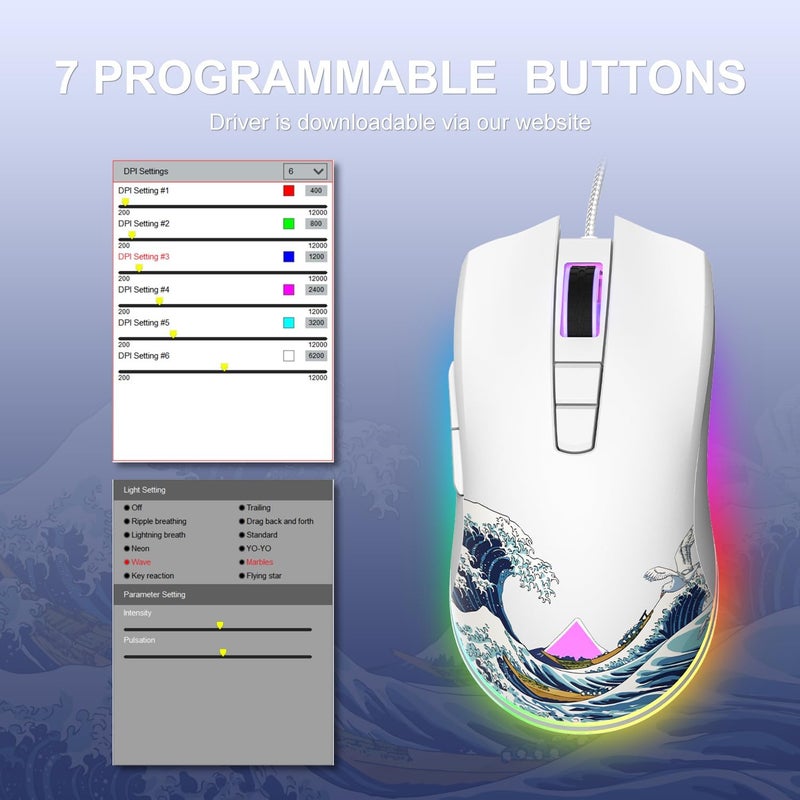 COSTOM Womier G705 USB Wired Gaming Mouse for PC Computer Windows Mac Laptop, Lightweight Silent RGB Backlit Mouse with Adjustable 12000DPI/7 Programmable Side Buttons,White Kanagawa Theme - Image 4